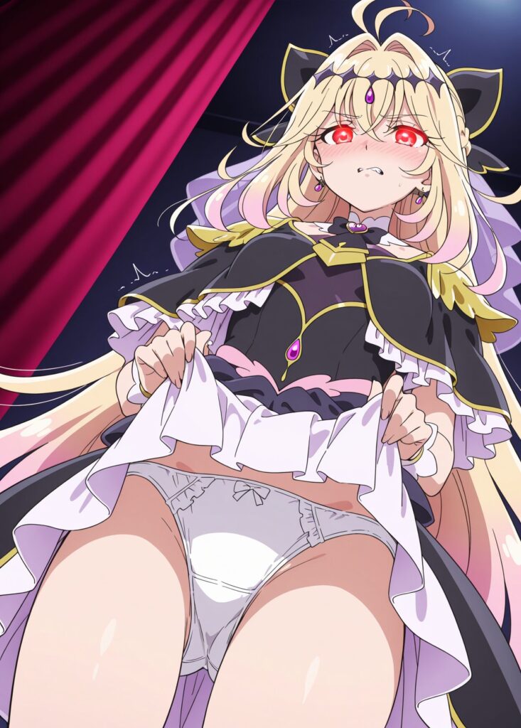 たんプリのキュアアルカナ・シャドウちゃんが嫌な顔してスカートをたくしあげして白パンツを見せてくれてる二次画像