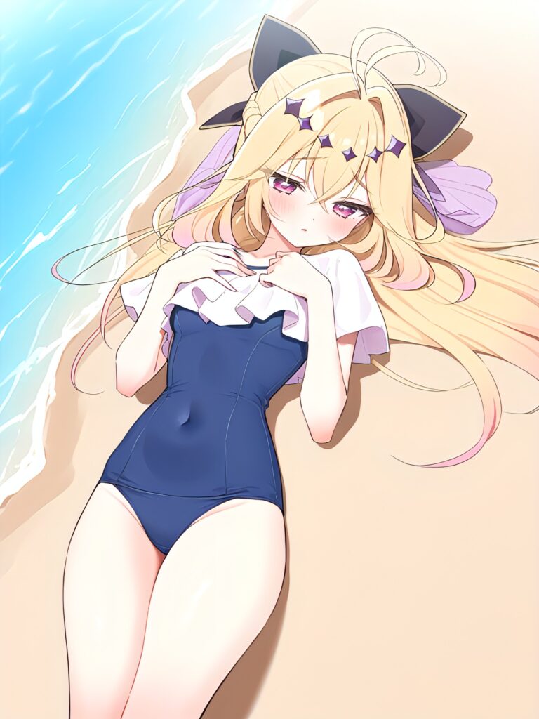 たんプリのキュアアルカナ・シャドウちゃんが海辺でスク水姿をじっくり見せてくれる画像