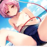 東方Projectのかわいい古明地さとりちゃんがスク水姿でちょっと脱ぎ掛けでオッパイ見えちゃってる二次画像