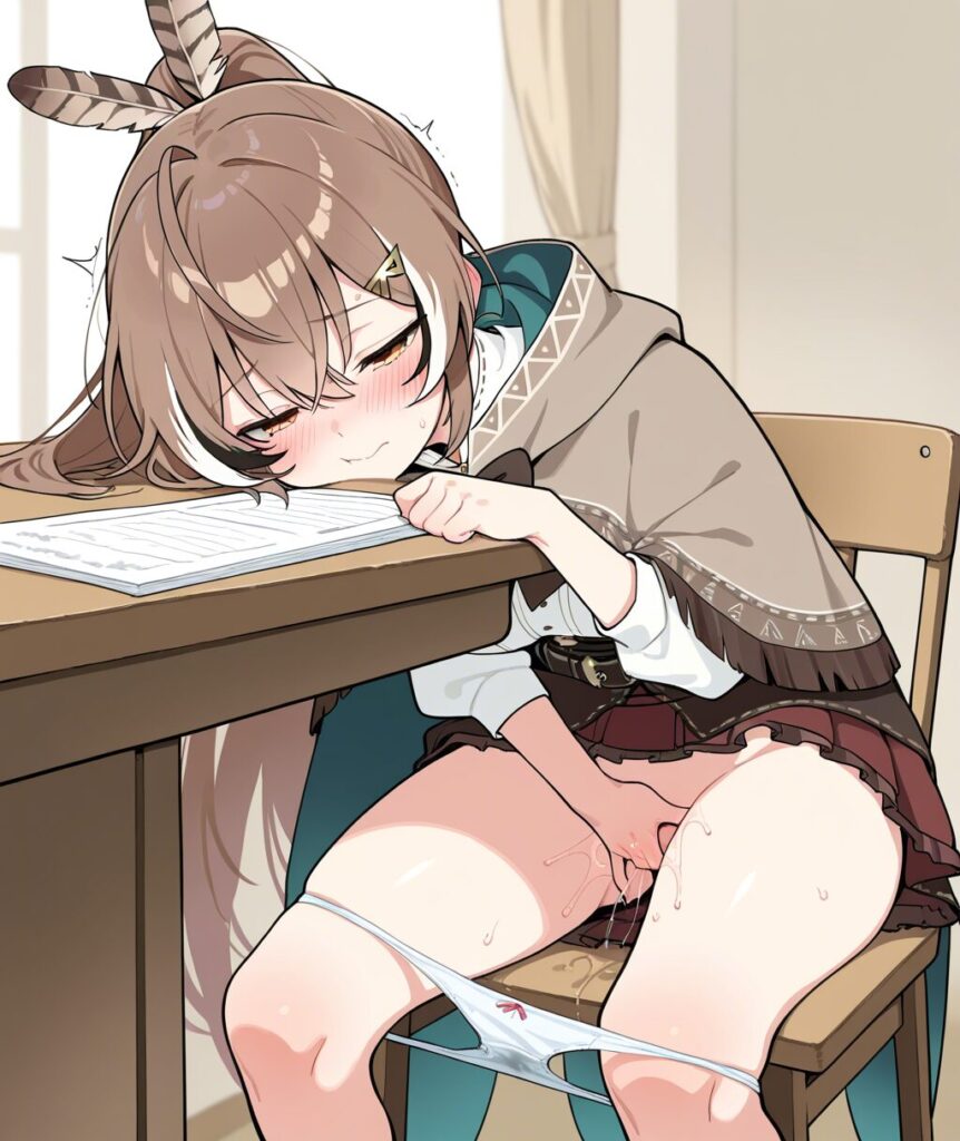 ホロライブのVtuber七詩ムメイちゃんが机でオナニーしてる二次画像