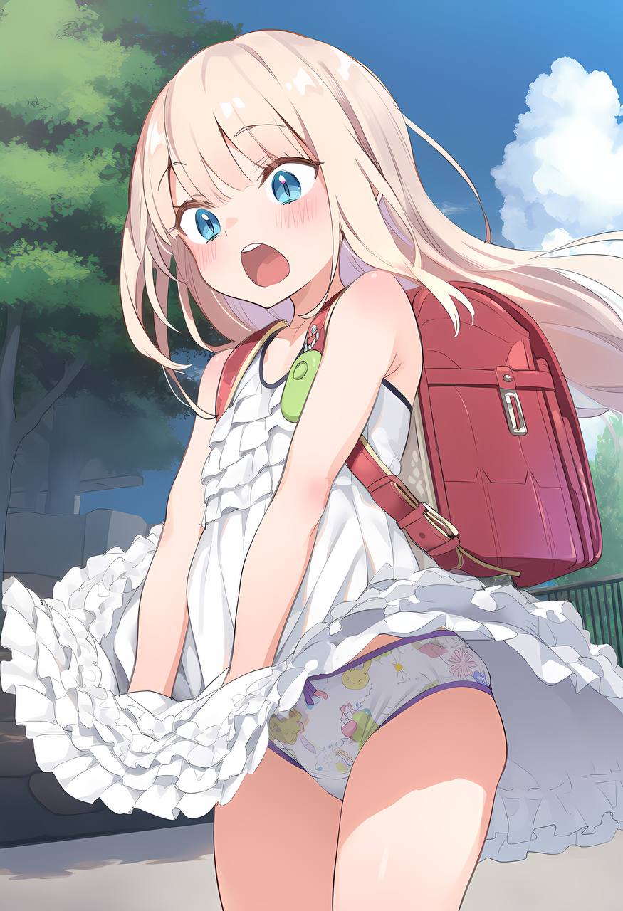 金髪美少女が風パンチラして慌ててる二次画像