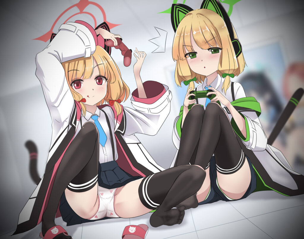 ブルーアーカイブの才羽姉妹のそろって無防備な座りパンチラ＆隙パンの二次画像