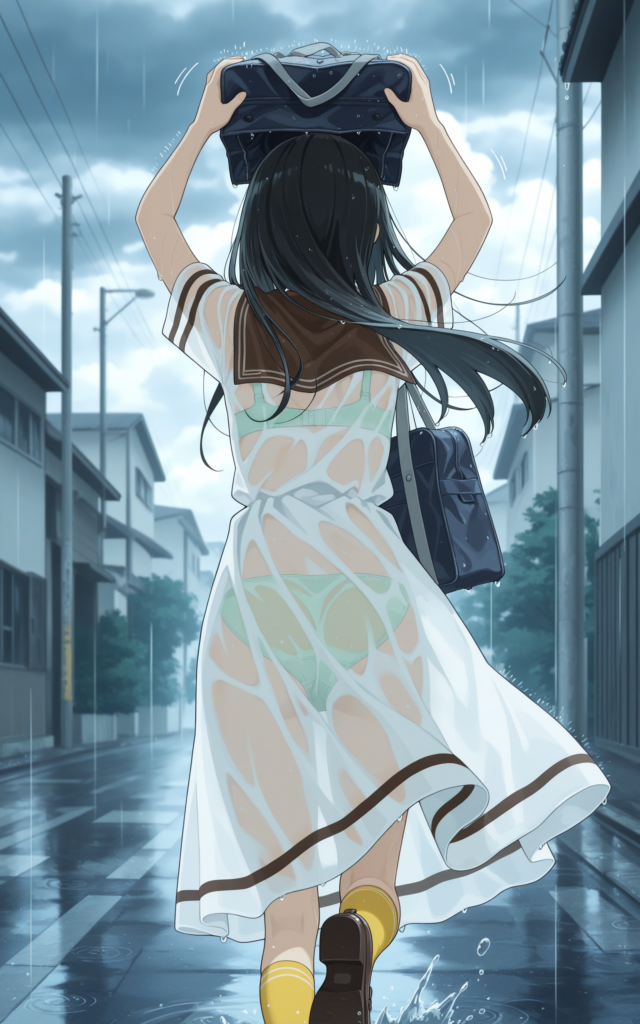濡れ透けセーラー服美少女の下着も見えちゃってるAI画像