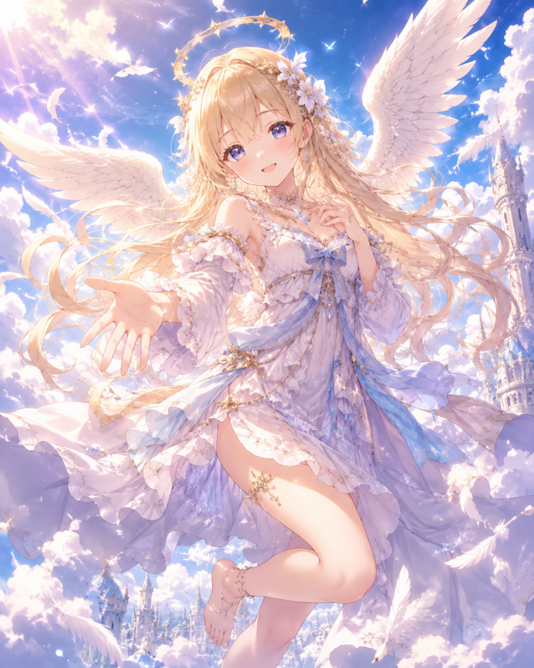 優しい美少女天使が空から微笑んでくれているAI画像
