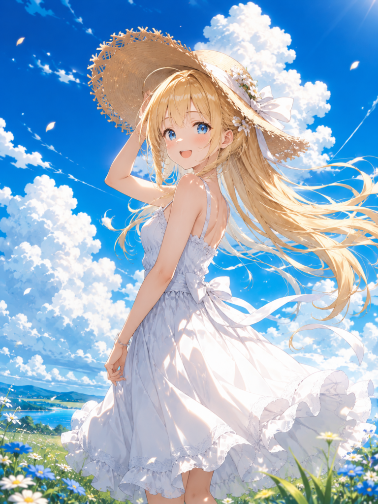 金髪白ワンピース美少女の夏っぽい二次AI画像