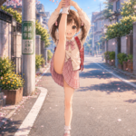 登校中のランドセル美少女が身体の柔らかさをアピールするためにI字バランスしてるAI画像