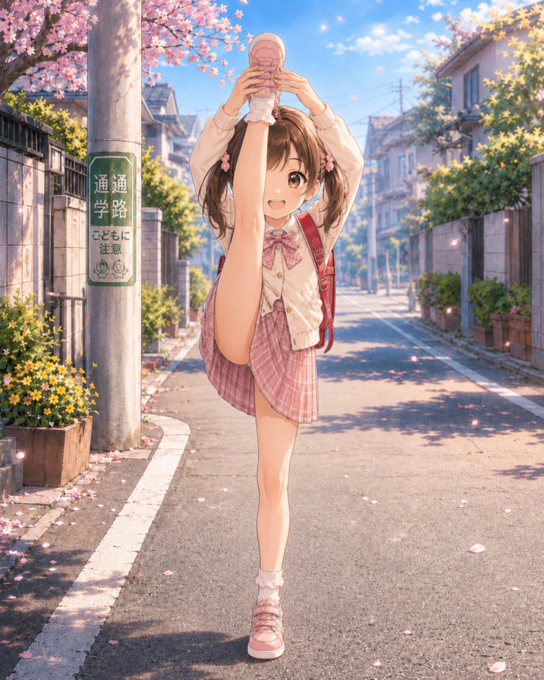 登校中のランドセル美少女が身体の柔らかさをアピールするためにI字バランスしてるAI画像